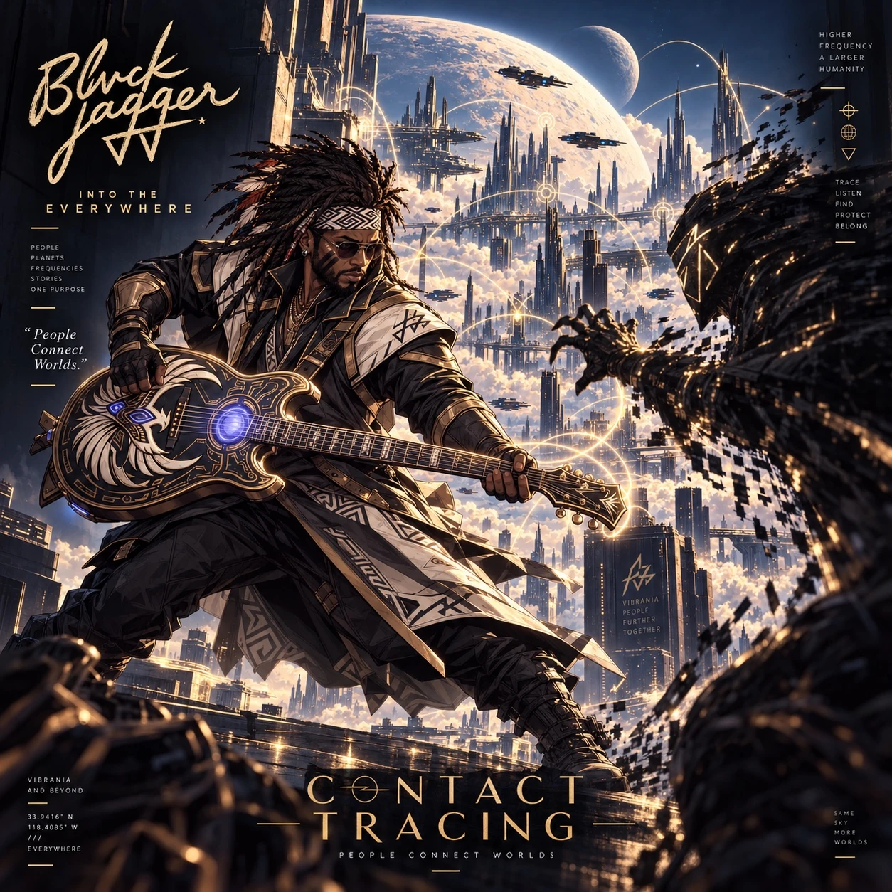 Contact Tracing: Blvck Jagger illustrated with guitar in the futuristic city of Vibrania
